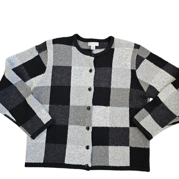 Vintage Y2K Womens M Checkered Cardigan Sweater Gray Black Classic Preppy - Picture 2 of 9